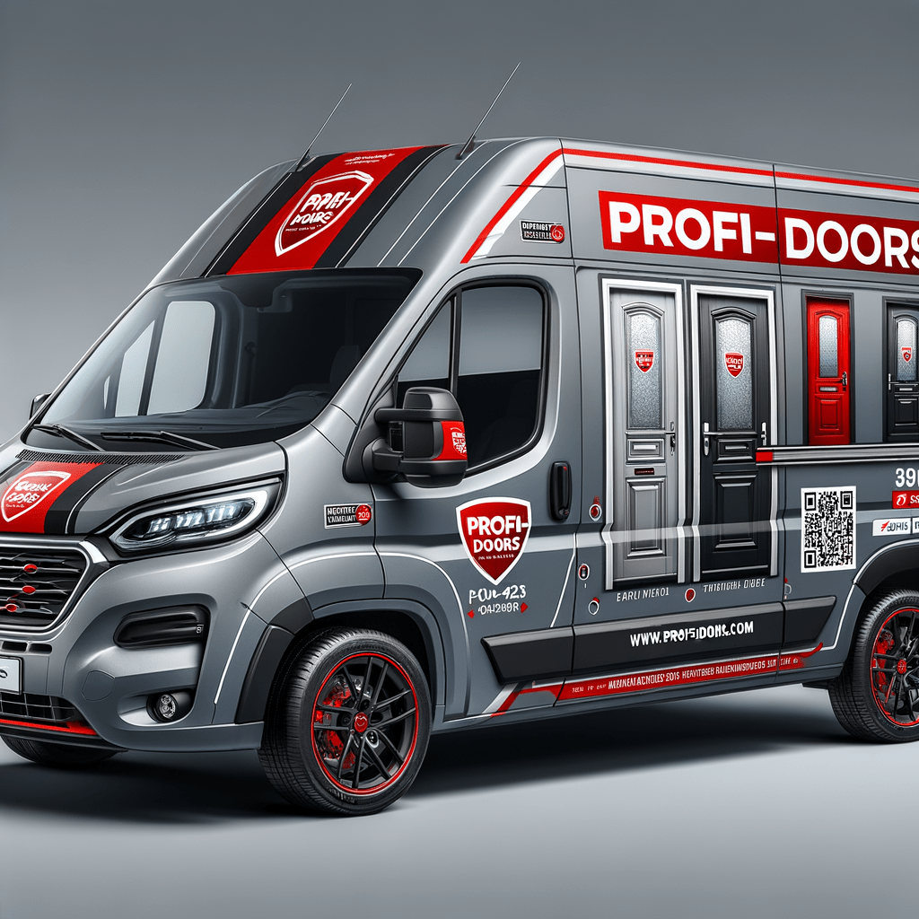 брендирование фургона серого цвета Газель Next для фирмы "Профи-Doors" в красно-белых тонах, Основные элементы дизайна: Основной фон — серый. Акценты — красные детали и логотип. Разместить крупный логотип "Профи-Doors" на задней двери. Логотип выполнен в красных и белых цветах, с четким шрифтом, легко читаемым на расстоянии. На боковых панелях разместить изображение 4 межкомнатных дверей, на задней двери разместить номер телефона, сайт и социальные сети. "Профи-Doors" — Продажа и монтаж дверей Сайт: http://www.profi-doors.ru Дополнительные элементы: добавить QR-код, ведущий на сайт или каталог продукции. брендирование фургона серого цвета Газель Next для фирмы "Профи-Doors" в красно-белых тонах, Основные элементы дизайна: Основной фон — серый. Акценты — красные детали и логотип. Разместить крупный логотип "Профи-Doors" на задней двери. Логотип выполнен в красных и белых цветах, с четким шрифтом, легко читаемым на расстоянии. На боковых панелях разместить изображение 4 межкомнатных дверей, на задней двери разместить номер телефона, сайт и социальные сети. "Профи-Doors" — Продажа и монтаж дверей Сайт: http://www.profi-doors.ru Дополнительные элементы: добавить QR-код, ведущий на сайт или каталог продукции.