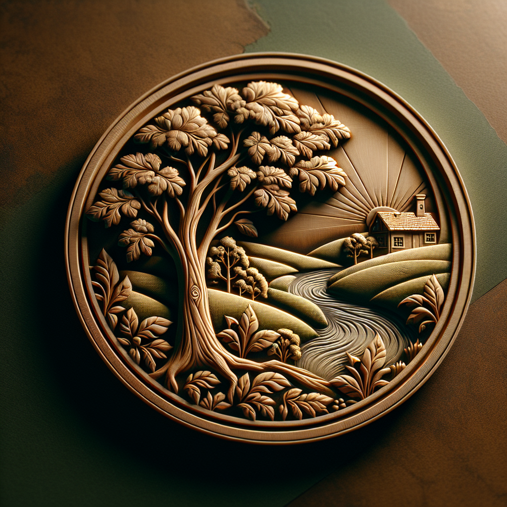 The logo, the background is round. The logo features a river, a house, and an oak tree. In shades of green.