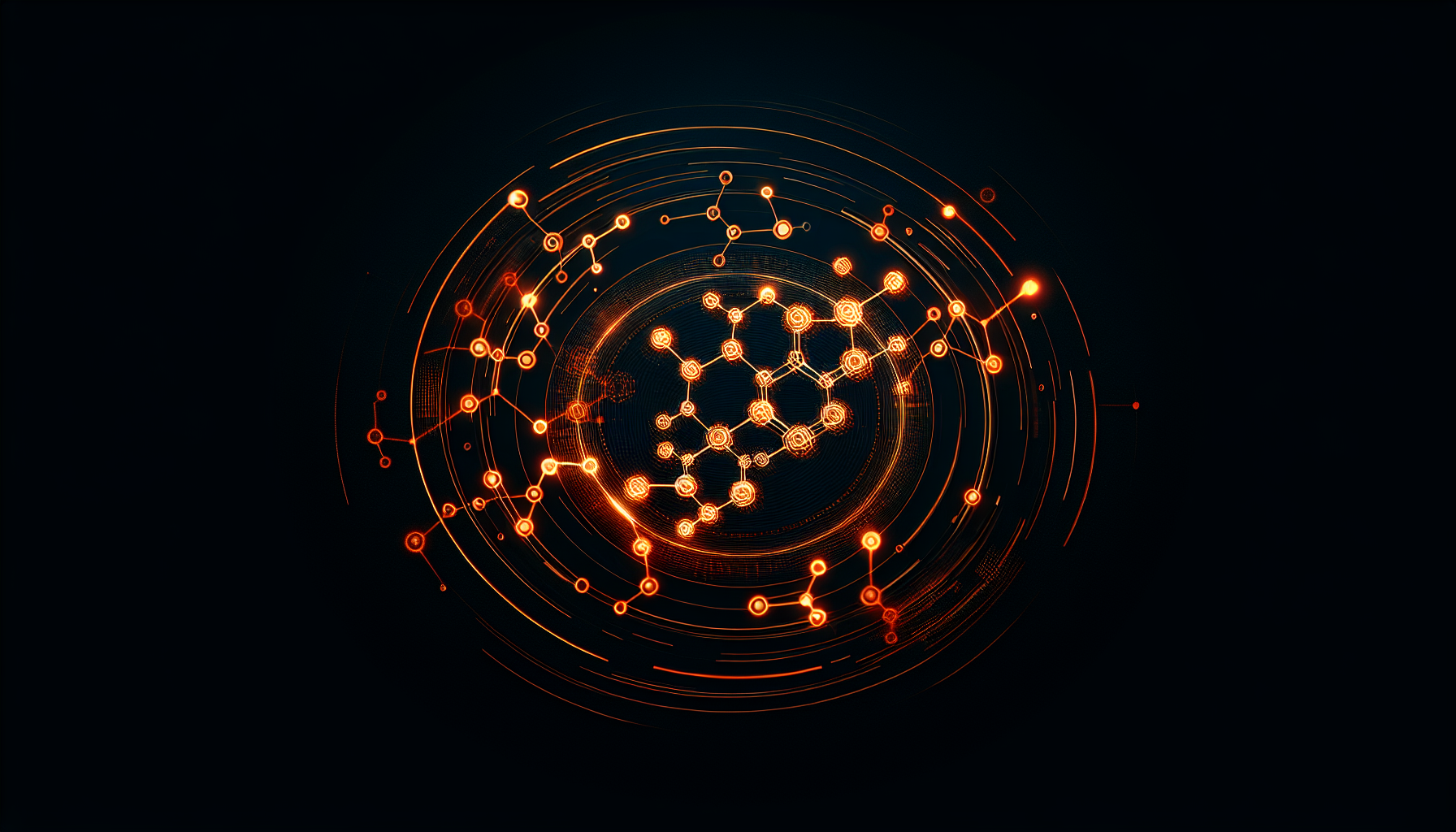 The image is displayed on a black background with orange accents. The background features a pattern of orange glowing molecular structures, giving the visual element a scientific and dynamic feel. The overall design is sleek and modern, emphasizing the clarity of the color scheme.
