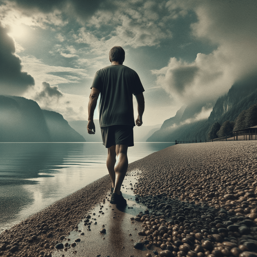 An atmospheric shot of a Caucasian man, visibly overweight and around 50 years old, walking on a damp, pebble-strewn beach beside a large lake. The camera angle is from slightly above and behind him, ensuring his face is obscured by his posture or the angle. He wears shorts and a t-shirt, and his walk is steady, conveying a sense of accomplishment after completing his daily kilometers. The lake is vast, with a slightly overcast sky that softens the light, contributing to a mood of quiet perseverance and health-focused progress.