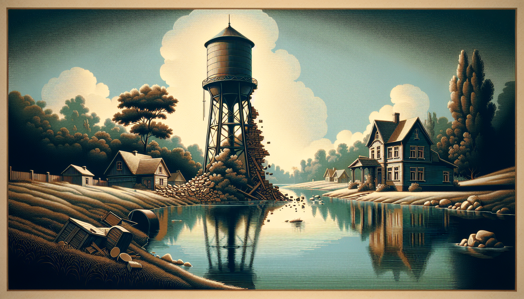 The water tower begins to fall. In the background is a house, a river