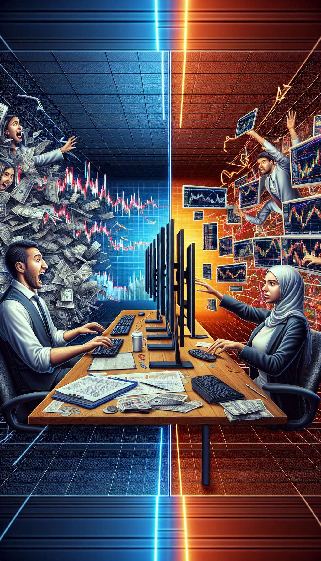 Horizontal split-screen image. Left side: chaos, a confused trader looking at a messy chart. Right side: order, a calm trader seeing the same chart with clear glowing liquidity levels and a price arrow. Wide shot, professional trading setup, --ar 16:9 Horizontal split-screen image. Left side: chaos, a confused trader looking at a messy chart. Right side: order, a calm trader seeing the same chart with clear glowing liquidity levels and a price arrow. Wide shot, professional trading setup, --ar 16:9