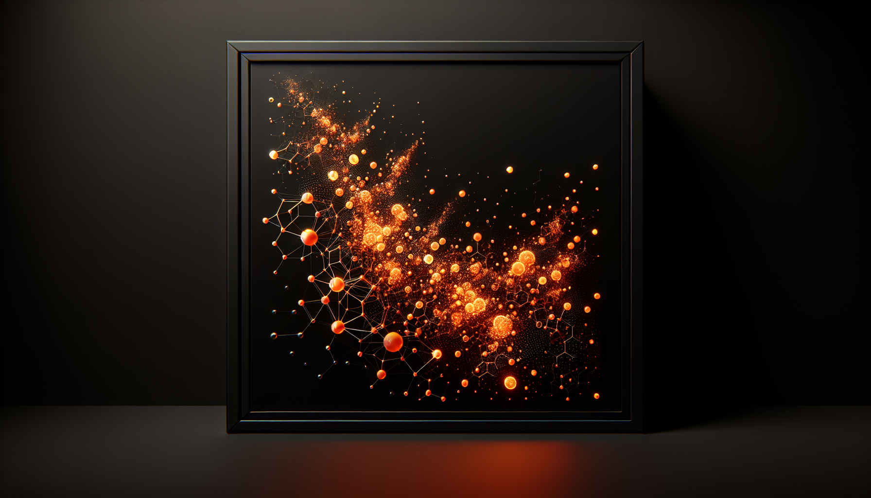 The image is displayed on a black background with orange accents. The background features a pattern of orange glowing molecular structures, giving the visual element a scientific and dynamic feel. The overall design is sleek and modern, emphasizing the clarity of the color scheme.