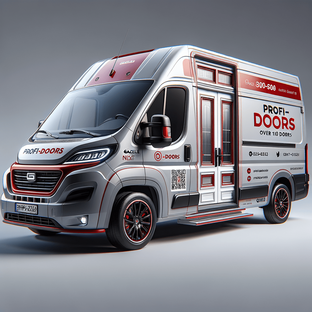 рендирование фургона серого цвета Газель Next для фирмы "Профи-Doors" в красно-белых тонах, Основные элементы дизайна: Основной фон — серый. Акценты — красные детали и логотип. Разместить крупный логотип "Профи-Doors" на задней двери. Логотип выполнен в красных и белых цветах, с четким шрифтом, легко читаемым на расстоянии. На боковых панелях разместить изображение 4 межкомнатных дверей и надпись более ста дверей , на задней двери разместить номер телефона, сайт и социальные сети. "Профи-Doors" — Продажа и монтаж дверей Сайт: http://www.profi-doors.ru Дополнительные элементы: добавить QR-код, ведущий на сайт или каталог продукции. вид с сади рендирование фургона серого цвета Газель Next для фирмы "Профи-Doors" в красно-белых тонах, Основные элементы дизайна: Основной фон — серый. Акценты — красные детали и логотип. Разместить крупный логотип "Профи-Doors" на задней двери. Логотип выполнен в красных и белых цветах, с четким шрифтом, легко читаемым на расстоянии. На боковых панелях разместить изображение 4 межкомнатных дверей и надпись более ста дверей , на задней двери разместить номер телефона, сайт и социальные сети. "Профи-Doors" — Продажа и монтаж дверей Сайт: http://www.profi-doors.ru Дополнительные элементы: добавить QR-код, ведущий на сайт или каталог продукции. вид с сади