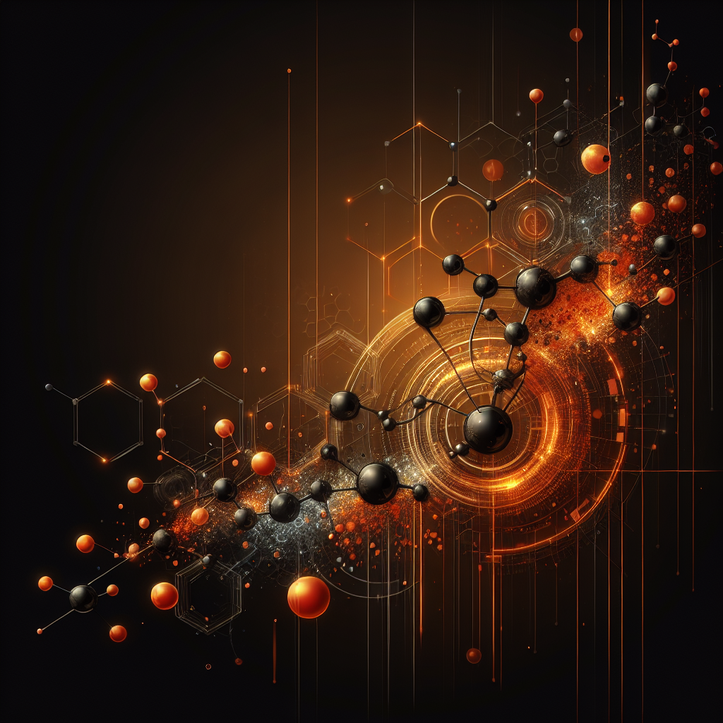 The image features a black background with orange accents and splashes on the left and right. The background features a pattern of orange, glowing molecular structures, adding a scientific and dynamic visual element. The overall design is sleek and modern, emphasizing the clarity of the color scheme.