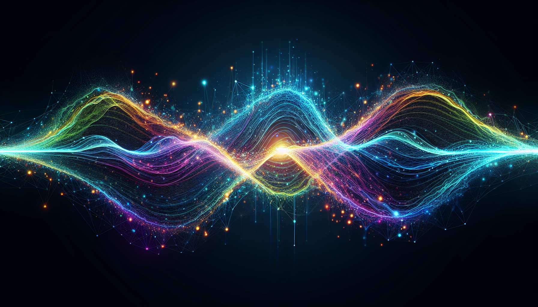 Image features a digital artwork with a futuristic and abstract style. The layout is horizontal, centered on a black background. The subject is a vibrant, multicolored wave of light, resembling an energy flow or electric current. The wave starts with a bright yellow-green hue in the center, gradually transitioning to blue and purple towards the edges. It is composed of interconnected lines and dots, creating a network-like pattern. The light appears to be glowing, with small particles and sparks surrounding it, adding a dynamic and energetic feel. The overall composition is symmetrical, with the wave extending from one side to the other, creating a sense of movement and fluidity. There are no people, text, or logos present in the image.