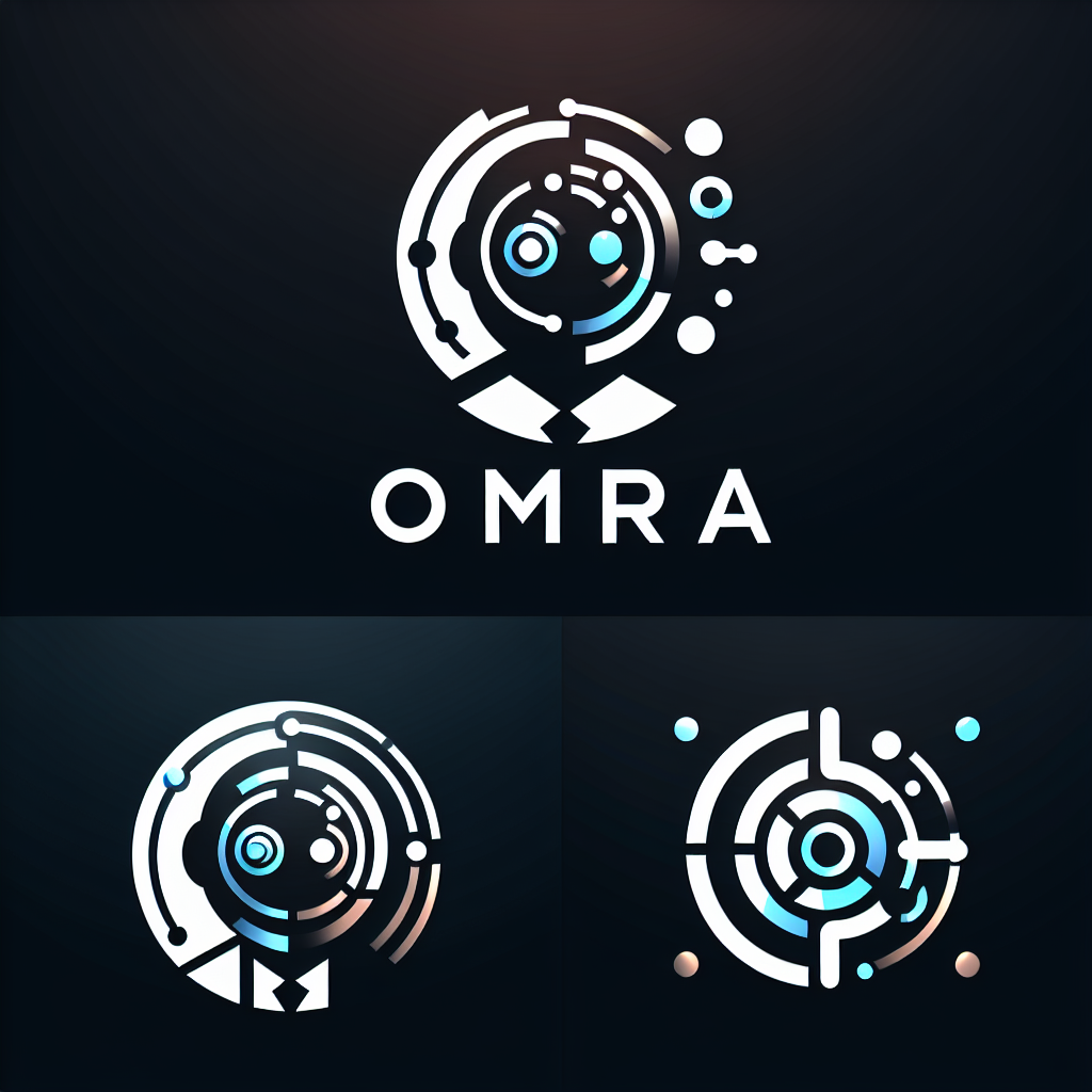 make me a logo with sans-serif font and a little image for company Omra that offers a product like chatbots for social media messengers with the colours #5622ed black background