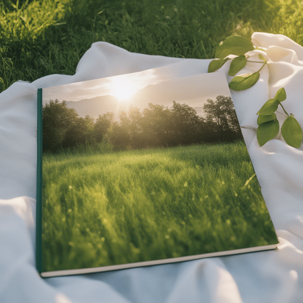 A beautiful photo book lies on the green grass, the sun is shining