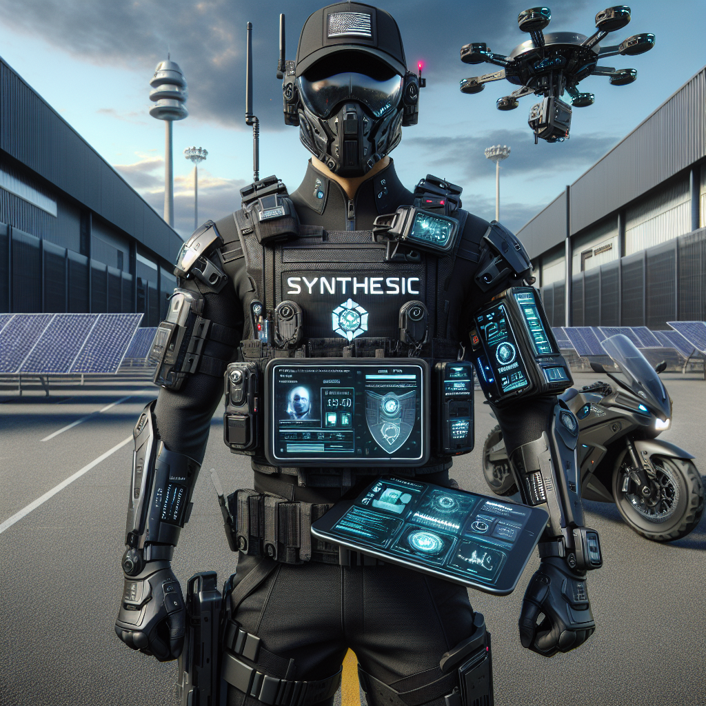 Охранник будущего в черной тактической форме, надпись крупно Синтез МКФ, оснащенной высокотехнологичными устройствами. На его разгрузочном жилете — интегрированная рация с функцией голосового управления, умная нагрудная камера с распознаванием лиц и анализом поведения, а также нашивки с цифровыми экранами, отображающими информацию о текущих угрозах и статусе объекта.

У него на запястье — умные часы с функцией мониторинга безопасности и связи с центральным пунктом управления. В одной руке он держит планшет с картой территории и данными о посетителях, а в другой — высокотехнологичный мотоцикл с системой автономного управления, который может самостоятельно возвращаться на базу после завершения смены. 

На фоне здания — солнечные панели и дрон, патрулирующий территорию сверху, что подчеркивает современный подход к безопасности.