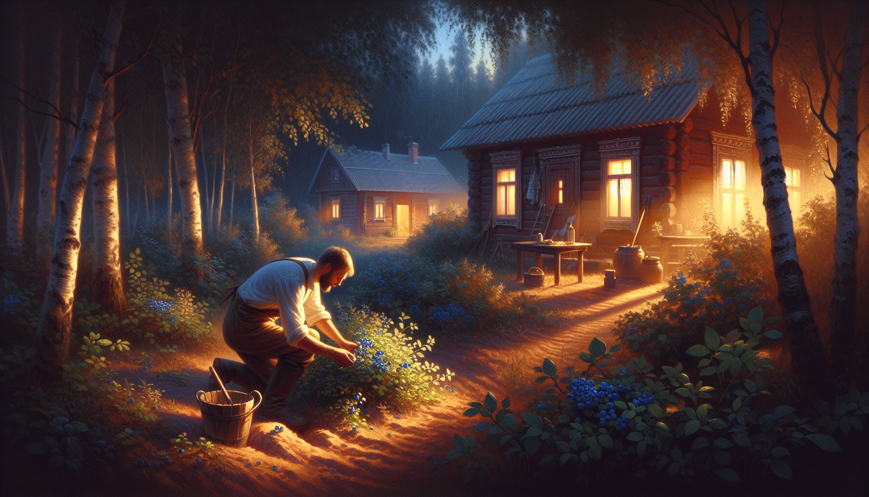 One person plants blueberries and cleans the area in front of the house