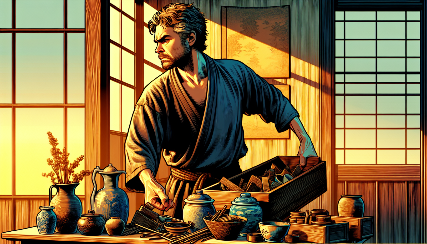 A European man takes out old and accumulated things from a room attached to the house.