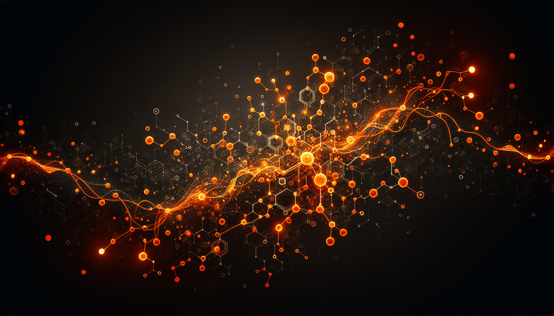 The background for the bads is black with orange inserts on the sides, and the center features a pattern of orange glowing molecular structures that gives the visual element a scientific and dynamic feel. The overall design is sleek and modern, emphasizing the clarity of the color scheme.