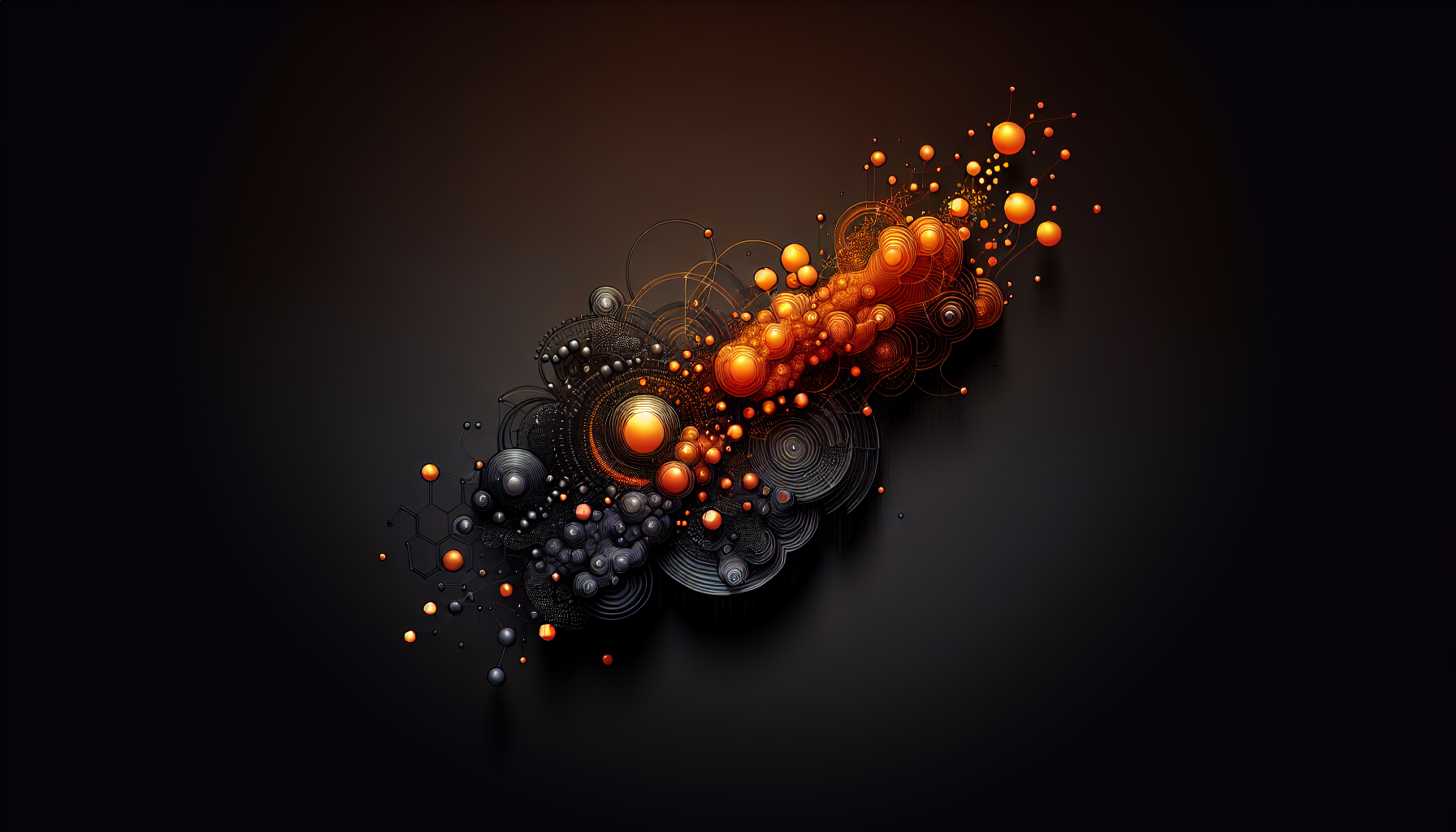 The image features a black background with orange accents and splashes on the left and right. The background features a pattern of orange, glowing molecular structures, adding a scientific and dynamic visual element. The overall design is sleek and modern, emphasizing the clarity of the color scheme.