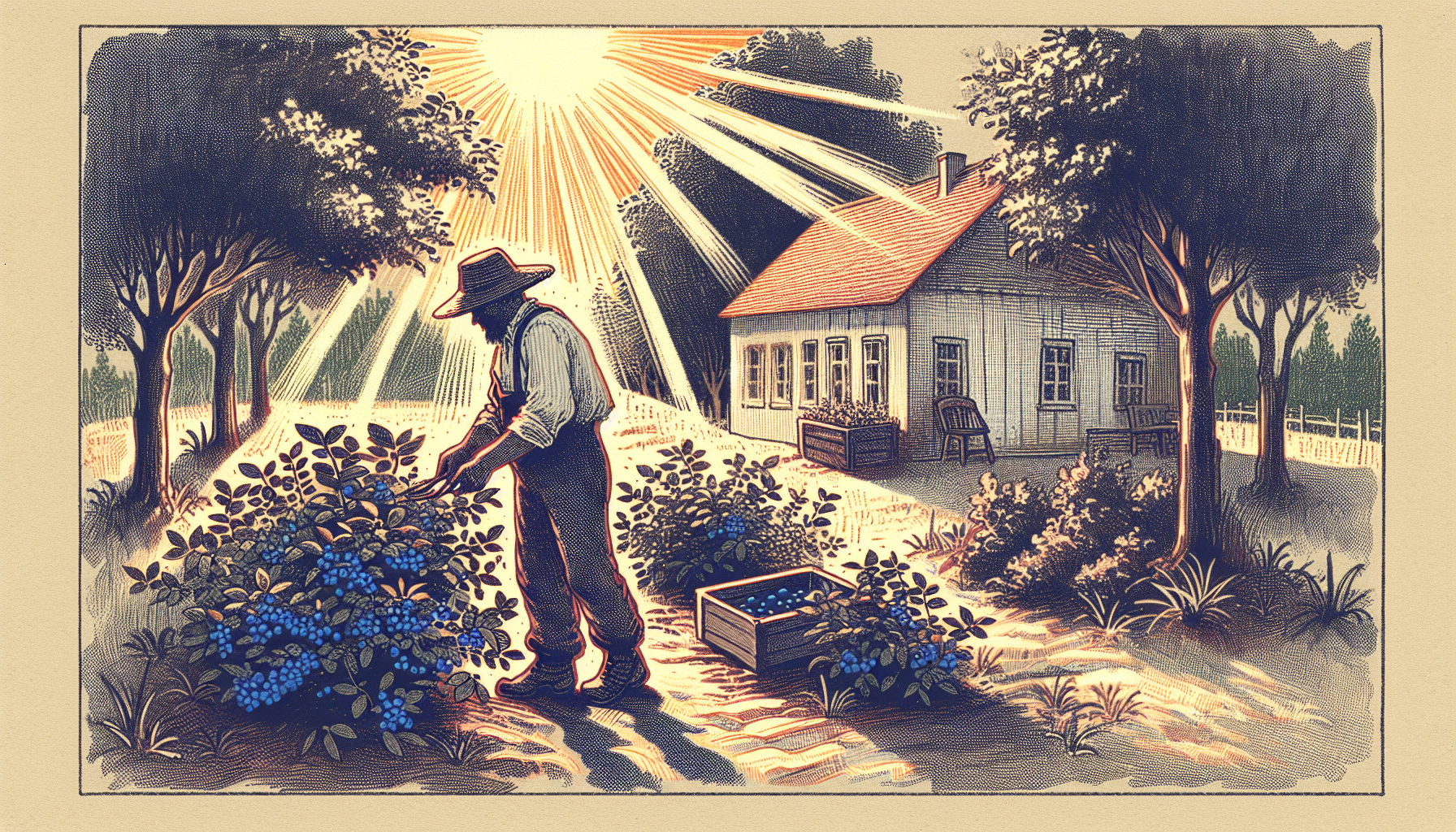 A sunny day. One man plants blueberries and cleans the area in front of the house