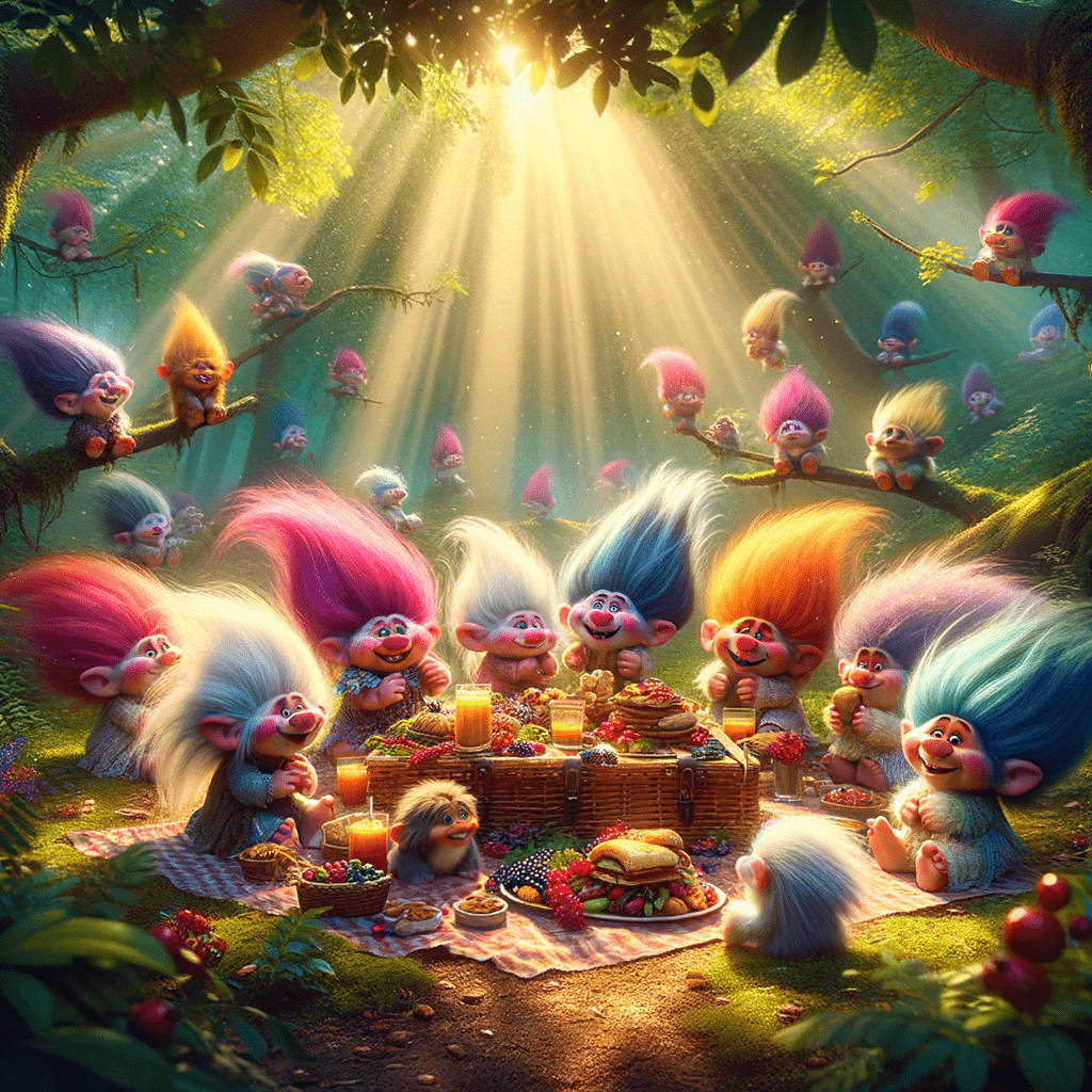 Clearing, sun, fluffy trolls have a picnic, have fun and eat, Fluffy trolls, magical creatures with vibrant fur and mischievous grins, gather in a serene clearing bathed in warm sunlight, The scene is filled with laughter and joy as the trolls enjoy a delightful picnic, They feast on an array of delicious treats, including juicy berries, crunchy nuts, and delectable pastries, The sunlight filters through the trees, casting a soft golden glow on the trolls and their picnic spread, The atmosphere is filled with a sense of whimsy and enchantment as the trolls revel in their delightful gathering Clearing, sun, fluffy trolls have a picnic, have fun and eat, Fluffy trolls, magical creatures with vibrant fur and mischievous grins, gather in a serene clearing bathed in warm sunlight, The scene is filled with laughter and joy as the trolls enjoy a delightful picnic, They feast on an array of delicious treats, including juicy berries, crunchy nuts, and delectable pastries, The sunlight filters through the trees, casting a soft golden glow on the trolls and their picnic spread, The atmosphere is filled with a sense of whimsy and enchantment as the trolls revel in their delightful gathering