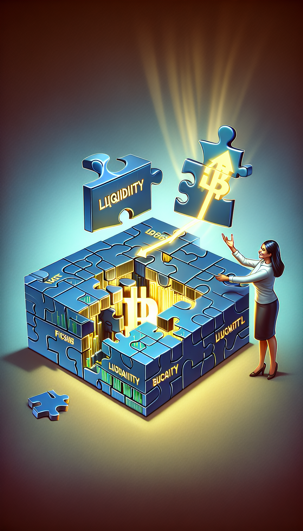 The financial market visualized as a complex, transparent puzzle. One central figure (the market maker) is holding the final, key piece that is shaped like a glowing "Liquidity" bar. When placed, it completes the picture and reveals the clear upward arrow of the Bitcoin chart. Conceptual, 3D render. The financial market visualized as a complex, transparent puzzle. One central figure (the market maker) is holding the final, key piece that is shaped like a glowing "Liquidity" bar. When placed, it completes the picture and reveals the clear upward arrow of the Bitcoin chart. Conceptual, 3D render.
