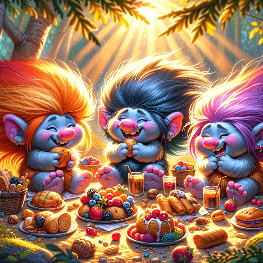 Clearing, sun, fluffy trolls have a picnic, have fun and eat, Fluffy trolls, magical creatures with vibrant fur and mischievous grins, gather in a serene clearing bathed in warm sunlight, The scene is filled with laughter and joy as the trolls enjoy a delightful picnic, They feast on an array of delicious treats, including juicy berries, crunchy nuts, and delectable pastries, The sunlight filters through the trees, casting a soft golden glow on the trolls and their picnic spread, The atmosphere is filled with a sense of whimsy and enchantment as the trolls revel in their delightful gathering Clearing, sun, fluffy trolls have a picnic, have fun and eat, Fluffy trolls, magical creatures with vibrant fur and mischievous grins, gather in a serene clearing bathed in warm sunlight, The scene is filled with laughter and joy as the trolls enjoy a delightful picnic, They feast on an array of delicious treats, including juicy berries, crunchy nuts, and delectable pastries, The sunlight filters through the trees, casting a soft golden glow on the trolls and their picnic spread, The atmosphere is filled with a sense of whimsy and enchantment as the trolls revel in their delightful gathering