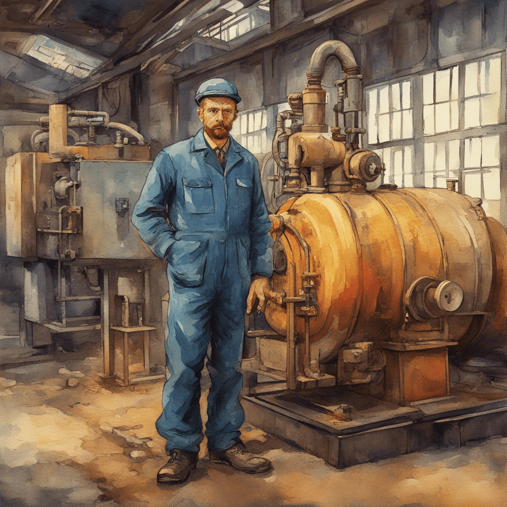 A Soviet worker stands next to a screw compressor