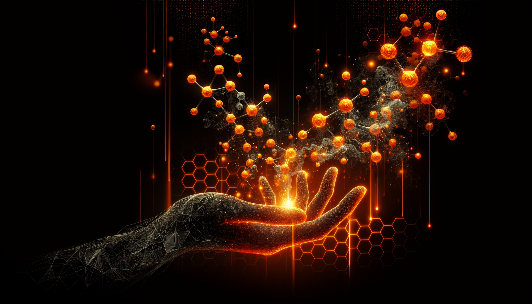 The image is displayed on a black background with orange accents. The background features a pattern of orange glowing molecular structures, giving the visual element a scientific and dynamic feel. The overall design is sleek and modern, emphasizing the clarity of the color scheme.