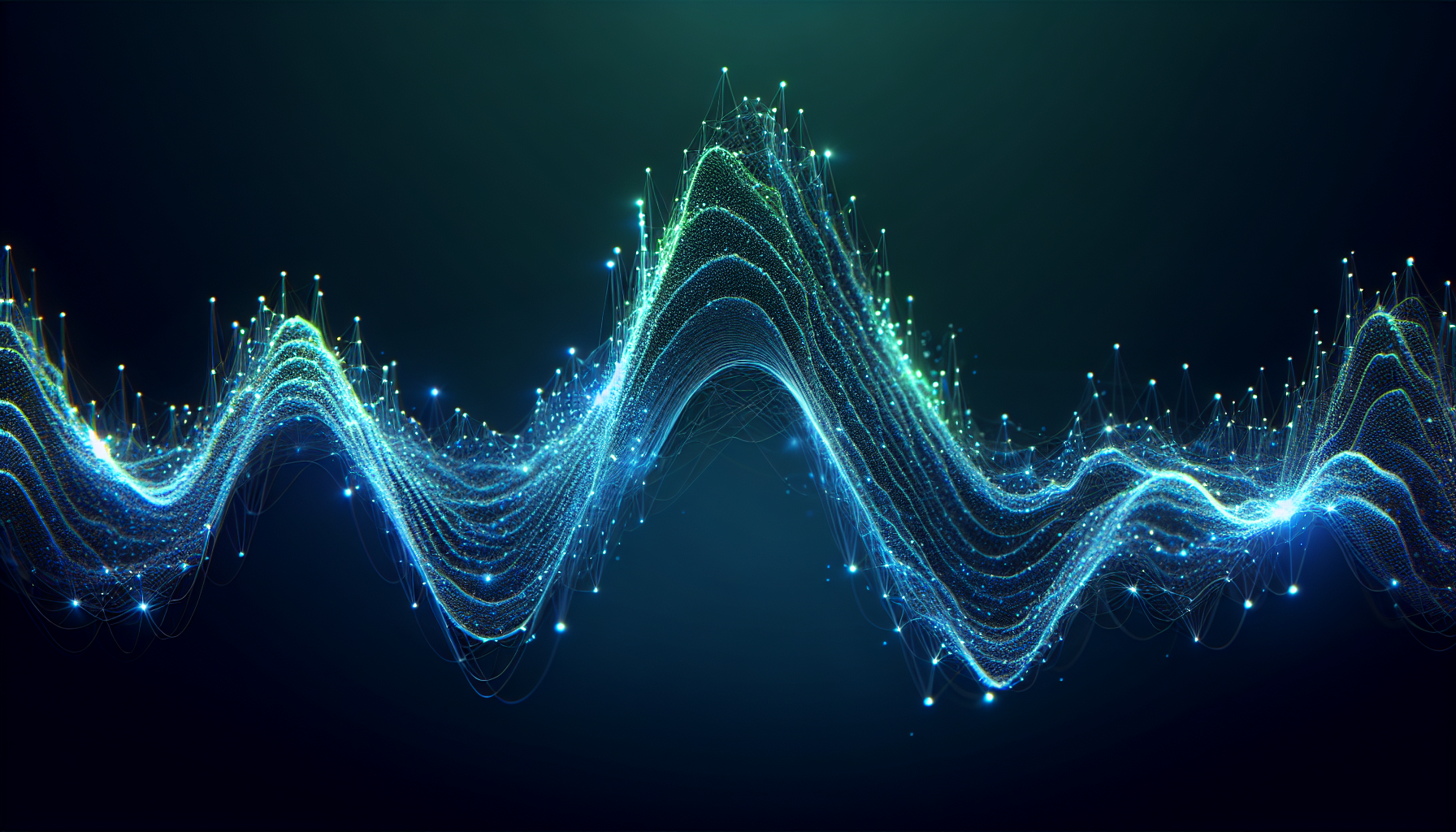 The label background is solid matte black. The main graphic design is a single, powerful,
smooth wave pulsating horizontally. This wave consists of a chain of connected luminous dots
and thin lines (like nerve pathways). It glows with an intense gradient: bright lime green in the upper part
of the peak, turning into blue and dark purple.
Style: Energetic, Digital, Elegant, photorealistic.