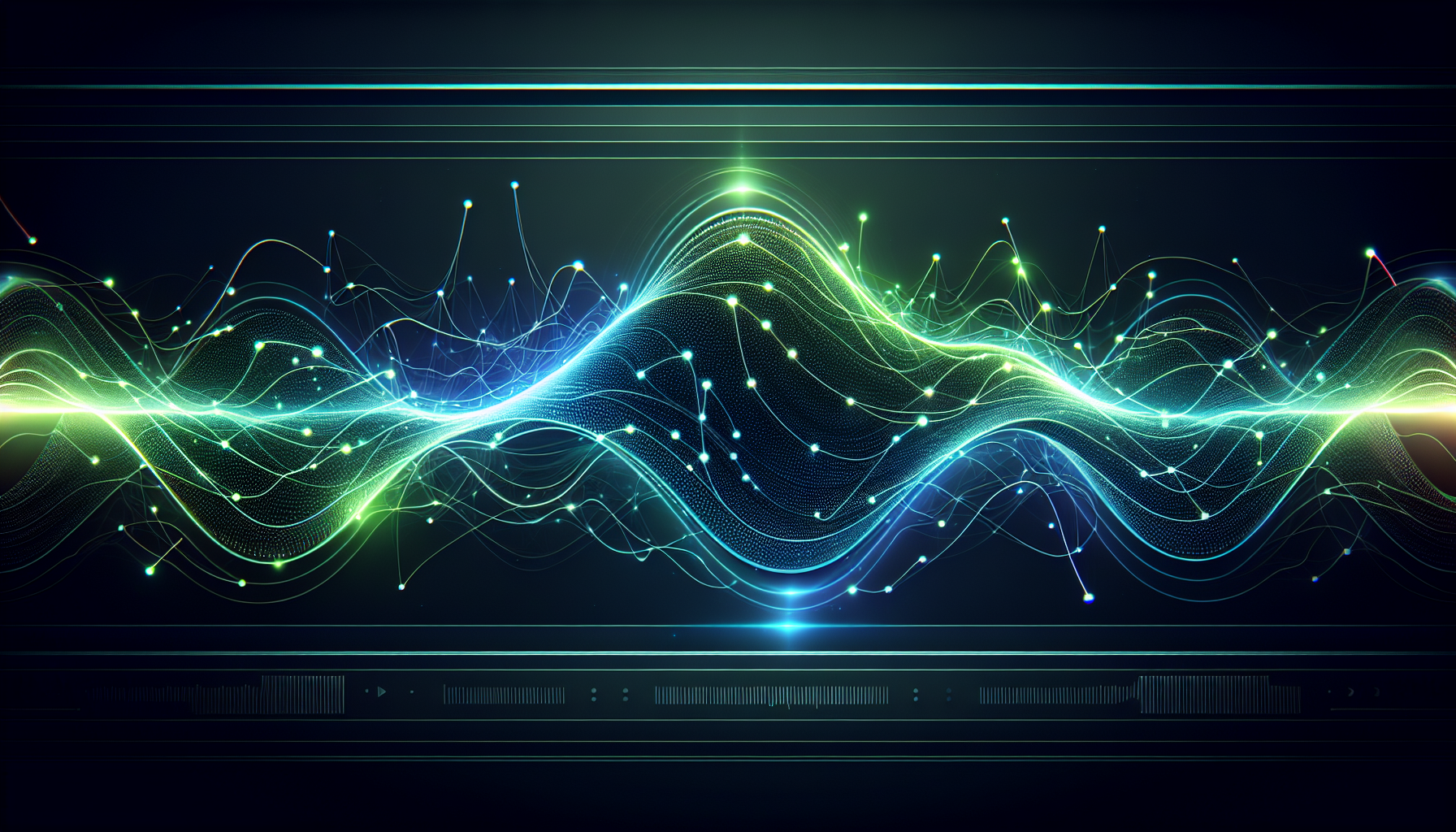 LABEL DESIGN: The label background is solid matte black. The main graphic design is a single, powerful,
smooth wave pulsating horizontally. This wave consists of a chain of connected luminous dots
and thin lines (like nerve pathways). It glows with an intense gradient: bright lime green in the upper part
of the peak, turning into blue and dark purple.

Style: Energetic, Digital, Elegant, photorealistic.