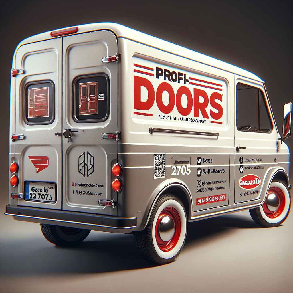 фургон белого цвета Газель 2705 для фирмы "Профи-Doors" в красно-белых тонах, Основные элементы дизайна: Основной фон — серый. Акценты — красные детали и логотип. Разместить крупный логотип "Профи-Doors" на задней двери. Логотип выполнен в красных и белых цветах, с четким шрифтом, легко читаемым на расстоянии. На боковых панелях разместить изображение 4 межкомнатных дверей и надпись более ста дверей , на задней двери разместить номер телефона, сайт и социальные сети. "Профи-Doors" — Продажа и монтаж дверей Сайт: http://www.profi-doors.ru Дополнительные элементы: добавить QR-код, ведущий на сайт или каталог продукции. вид с зади