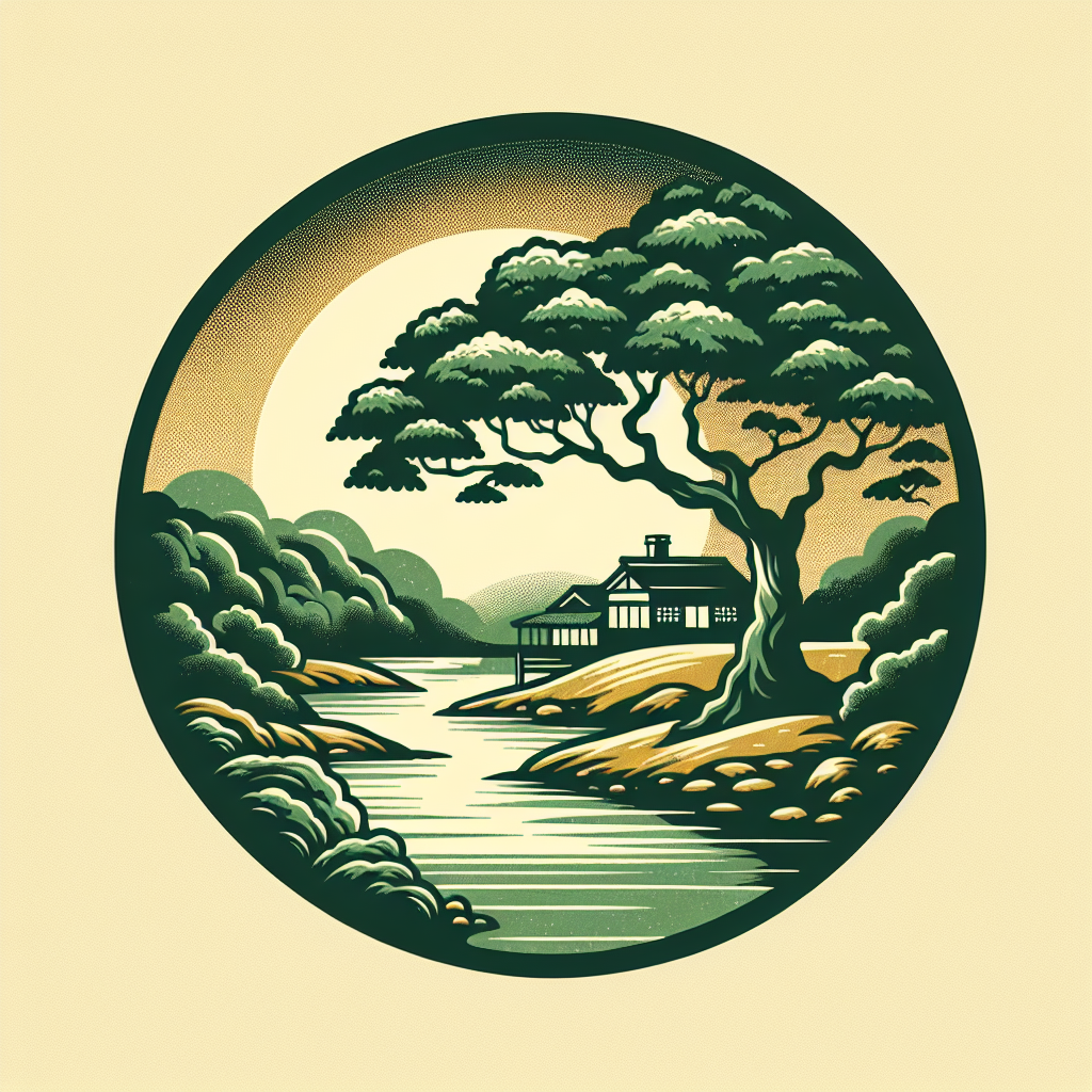 The logo, the background is round. The logo features a river, a house, and an oak tree. In shades of green.