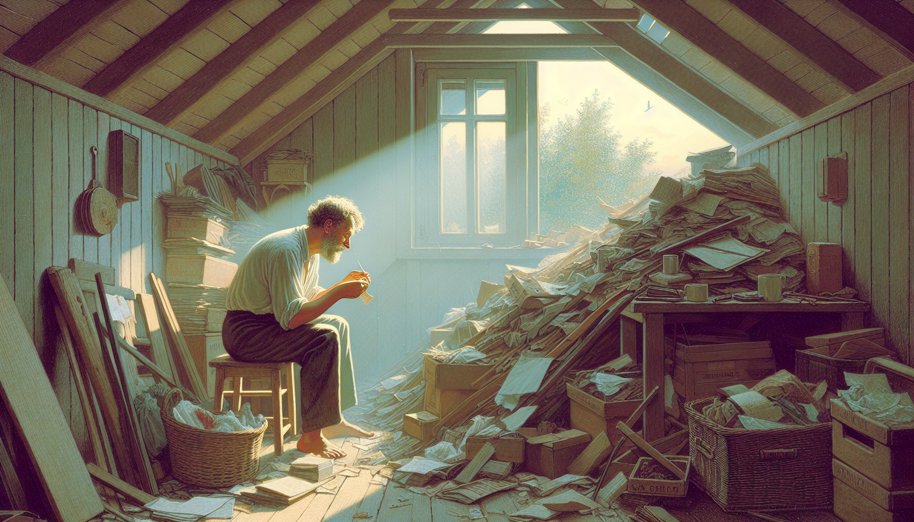 A European man takes apart a small extension to the house from the accumulated things.