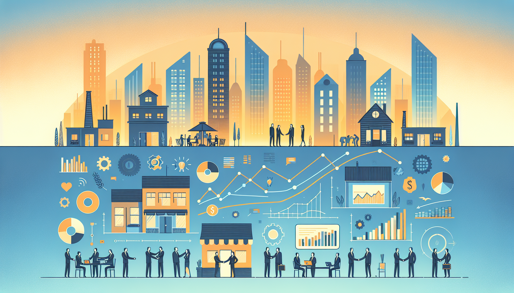 Горизонтальный фон для обложки ВКонтакте и сайта про инвестиции в малый и средний бизнес. Внизу по ширине — упрощённый силуэт города: несколько характерных зданий малого и среднего бизнеса (офис, магазин, кафе, небольшая фабрика), без мелких деталей, в мягких голубых и оранжевых оттенках. Перед зданиями — 4–6 условных деловых людей, немного меньшего размера, чем на обычных иллюстрациях: предприниматели и инвесторы, жмут друг другу руки, обсуждают проект у доски с графиком, лица прорисованы схематично. Над городом, чуть выше середины изображения, проходит одна плавная линия графика роста, идущая снизу слева вверх вправо, более толстая и мягкая, с лёгким тёплым свечением, напоминающая стрелку роста. Фон — плавный градиент от жёлто‑оранжевого внизу к голубому и синему вверху, без лишних деталей. Верхняя половина изображения остаётся чистой и однородной по тону, без объектов в центре. Стиль — современная плоская иллюстрация, дружелюбная, без фотореализма.
