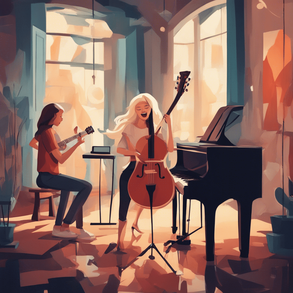 A beautiful blonde girl plays the drum, a man plays the guitar. A woman sings into a microphone and plays the piano