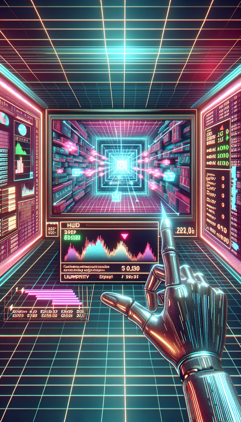 First-person view from behind a trading screen. The user's vision is enhanced with a digital HUD overlay. The normal candlestick chart is visible, but the HUD highlights crucial liquidity pools with bright, pulsating rectangles and draws predictive price path arrows towards them. Cyberpunk style, data-stream aesthetic. First-person view from behind a trading screen. The user's vision is enhanced with a digital HUD overlay. The normal candlestick chart is visible, but the HUD highlights crucial liquidity pools with bright, pulsating rectangles and draws predictive price path arrows towards them. Cyberpunk style, data-stream aesthetic.
