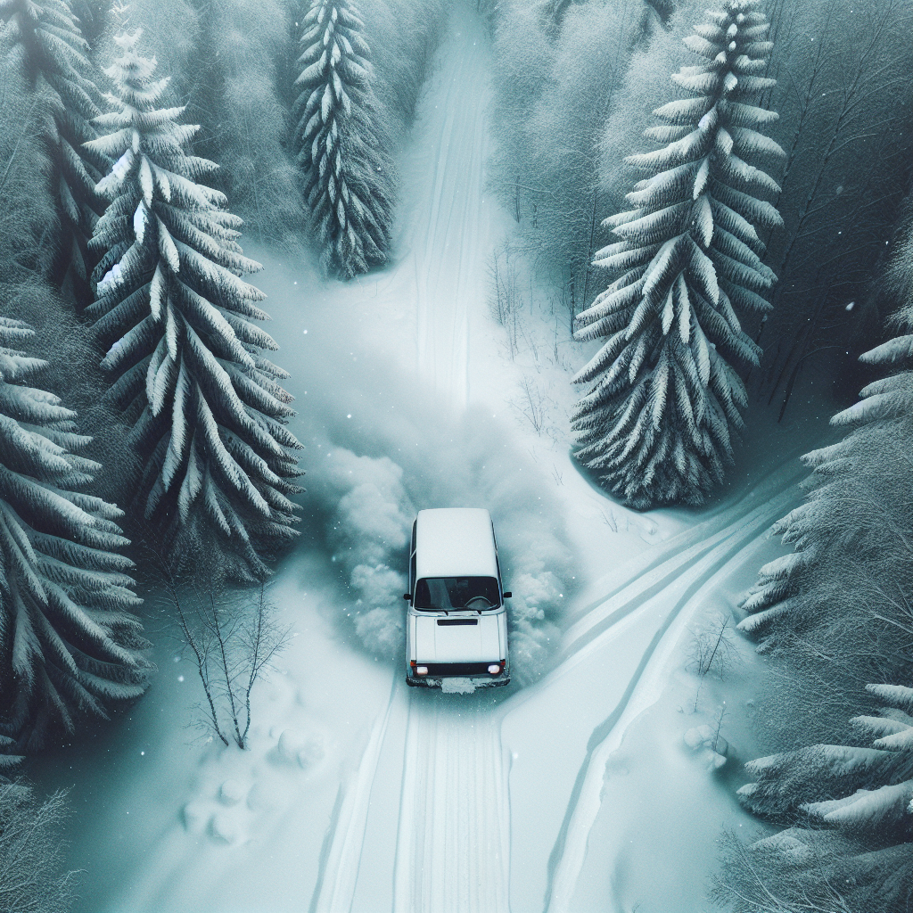 Белая ваз 2114 зимой в лесу со снегом в дрифте,вид с квадрокоптера