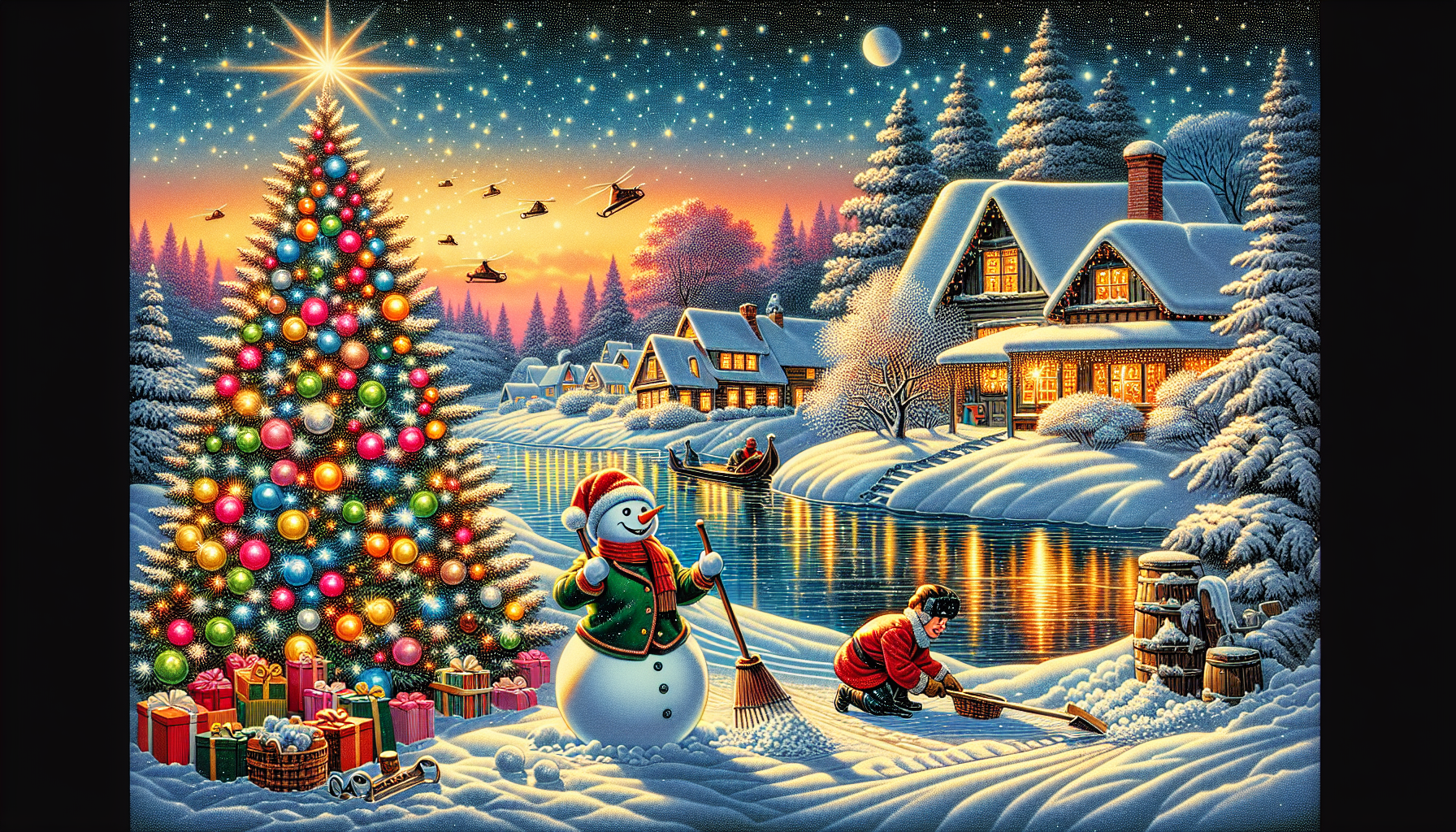 New Year's Day, the snowman cleans the snow, the Christmas tree is lit with lights. In the background is a frozen river and a house under the snow.