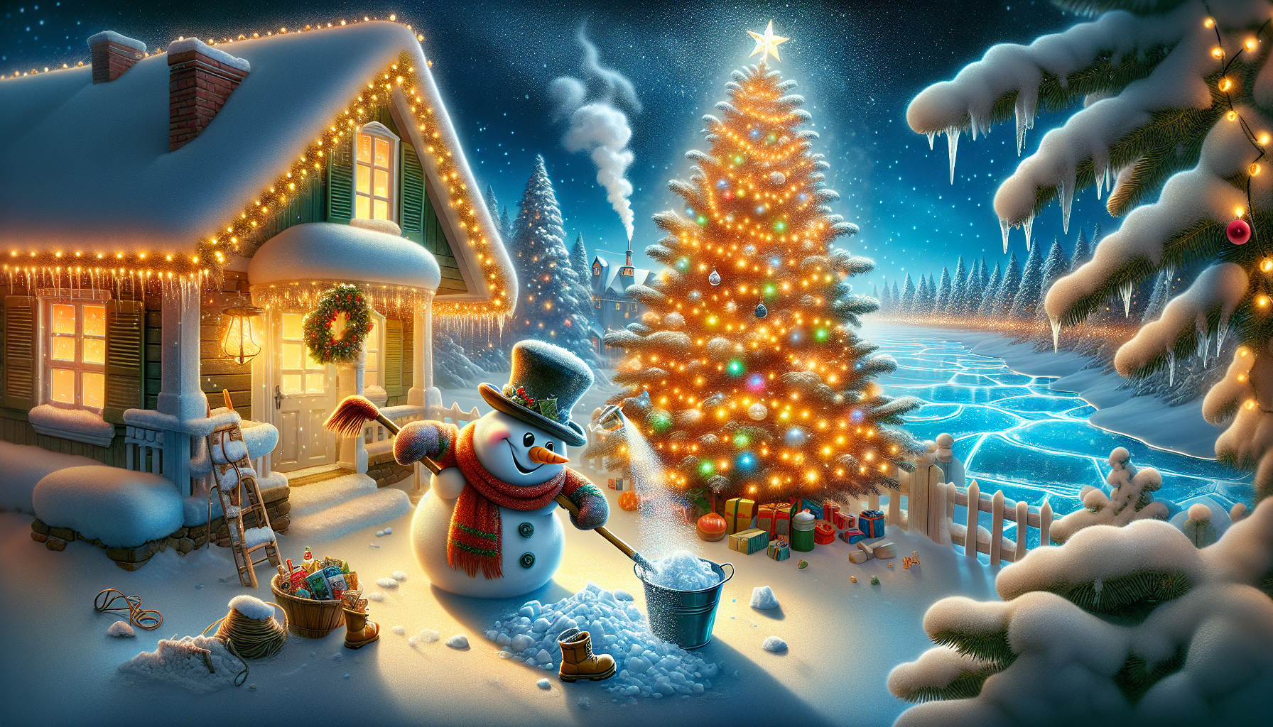 New Year's Day, the snowman cleans the snow, the Christmas tree is lit with lights. In the background is a frozen river and a house under the snow.