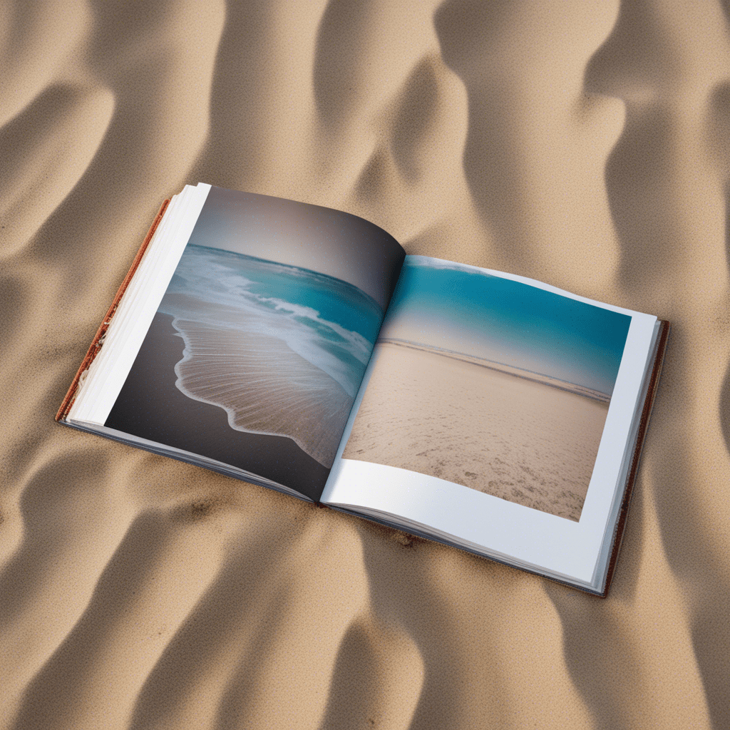 A photo book with vivid memories lies on the sand on the beach