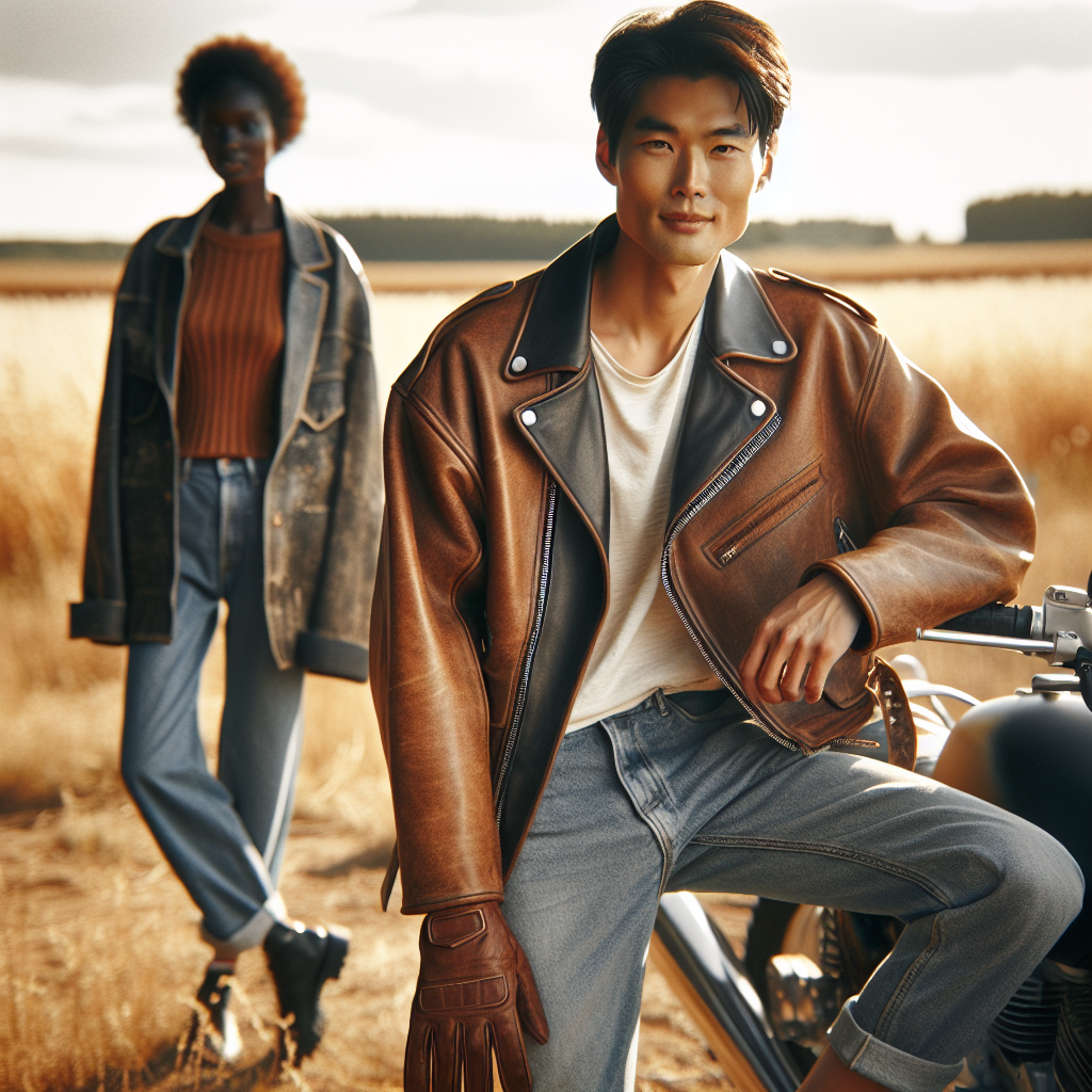 This prompt must be applied to the people in the photo. Important: Do not change or distort faces. Do not alter facial expressions. Faces must be preserved completely, as in the original photos. Use the facial features and likeness from the provided reference images. Generate the scene around them, but keep their faces identical. Prompt: Portrait of a man leaned against on the side of a motorcycle, medium shot, eye-level perspective, static composition, wearing an oversized brown leather jacket, white t-shirt, blue jeans, holding brown leather gloves. The woman is standing behind the man, a woman wearing a brown ribbed long-sleeve shirt and a black and gray distressed oversized leather jacket. in an open field with yellow autumn grass and trees in the distance, soft daylight with frontal lighting, soft shadows, warm and cozy atmosphere, shot with a 50mm portrait lens, shallow depth of field, cream background with bokeh effect, film photography style with fine grain, earthy color palette, high detail, photorealistic look.