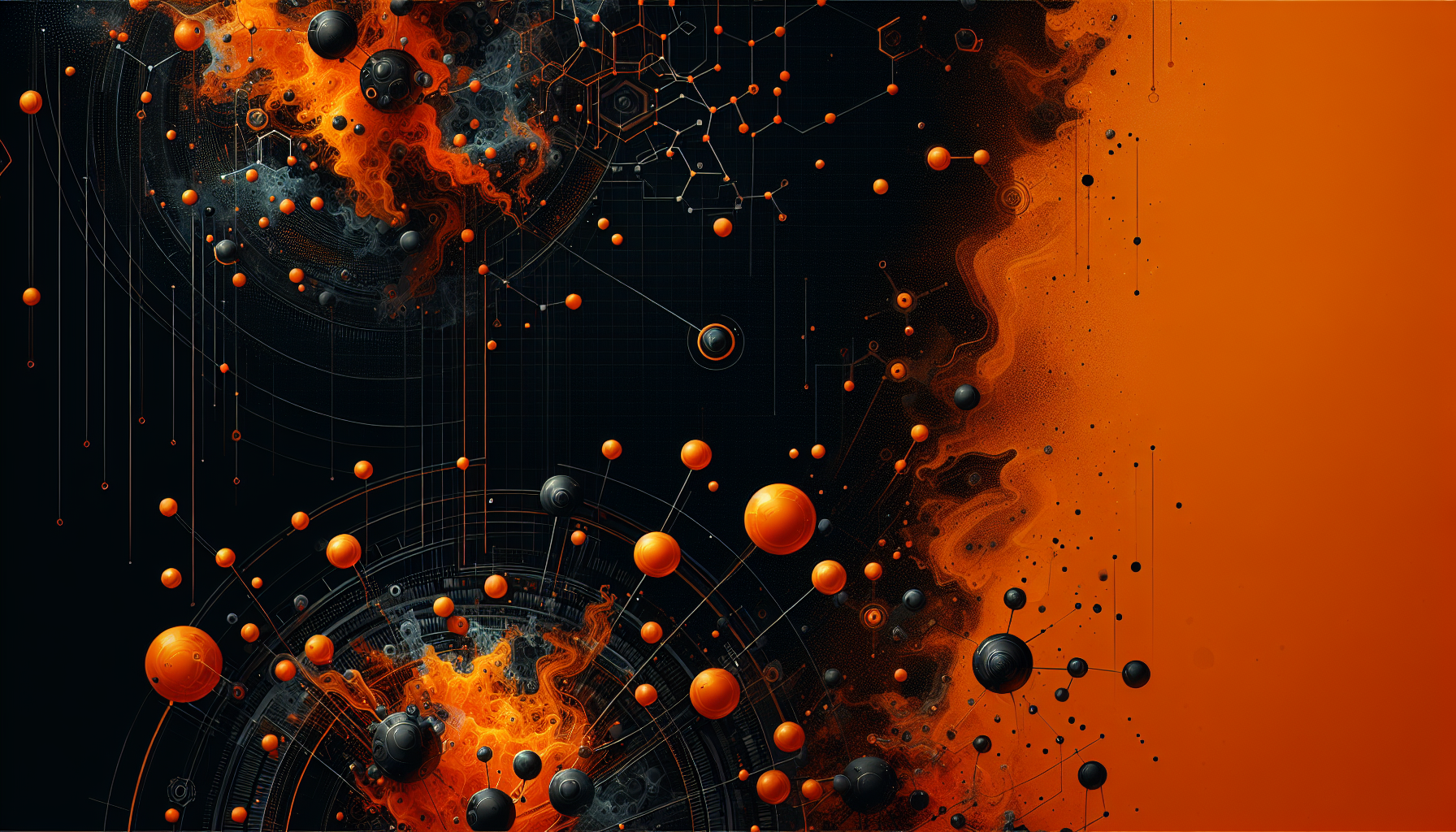 The image features a black background with orange accents and splashes on the left and right. The background features a pattern of orange, glowing molecular structures, adding a scientific and dynamic visual element. The overall design is sleek and modern, emphasizing the clarity of the color scheme.