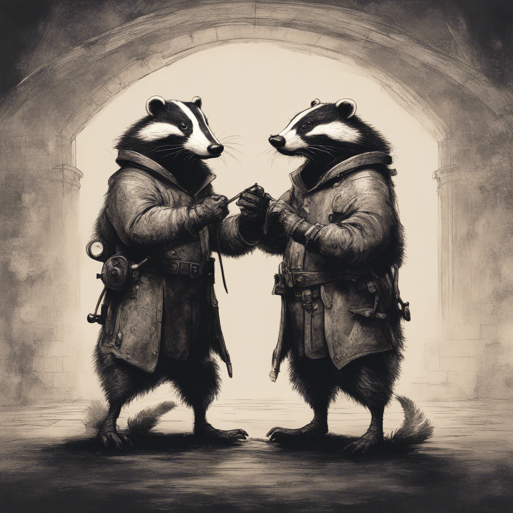 Two badgers stand facing each other. There is a huge bolt between them. in their hands they have tools and wrenches