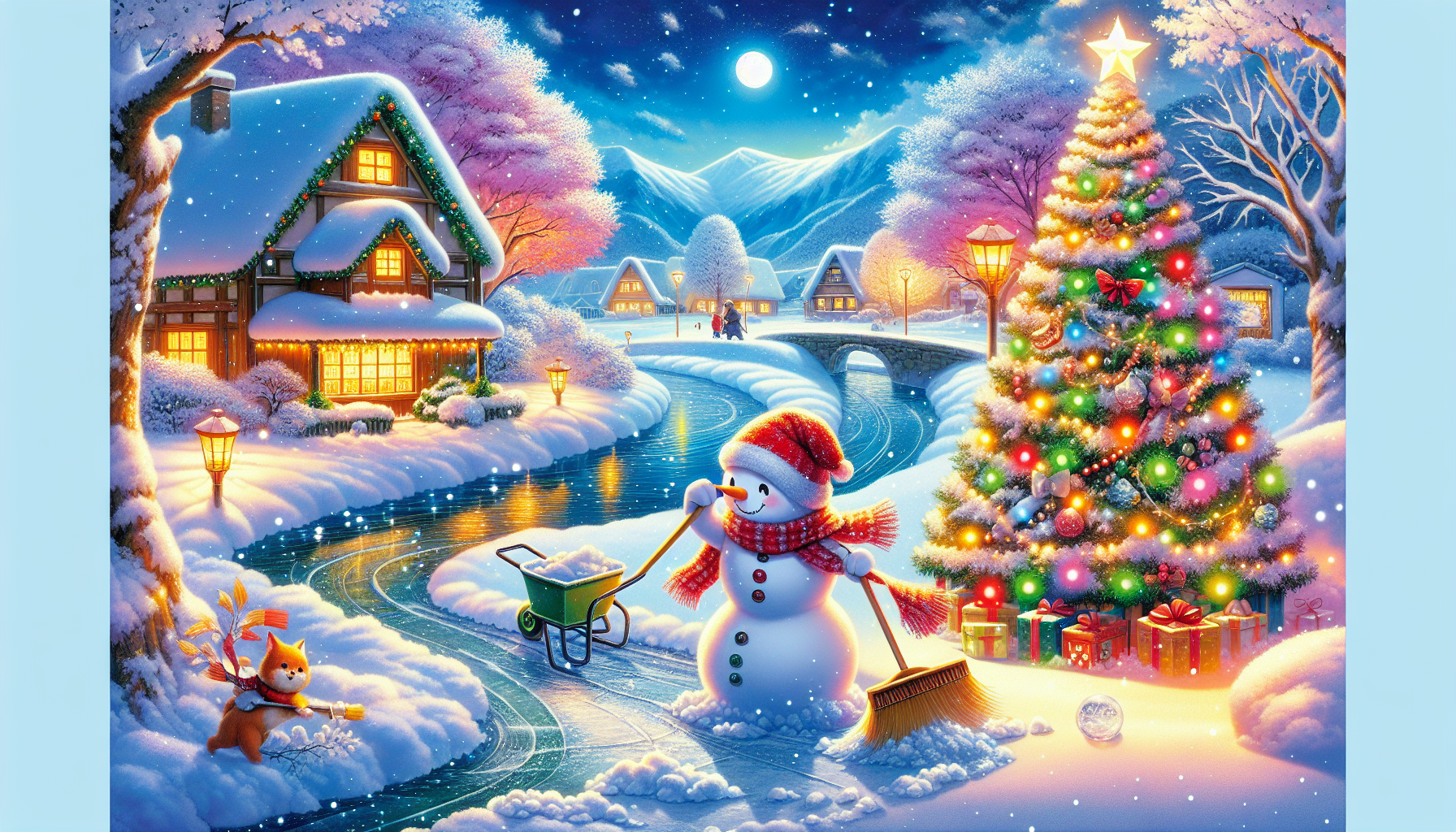New Year's Day, the snowman cleans the snow, the Christmas tree is lit with lights. In the background is a frozen river and a house under the snow.