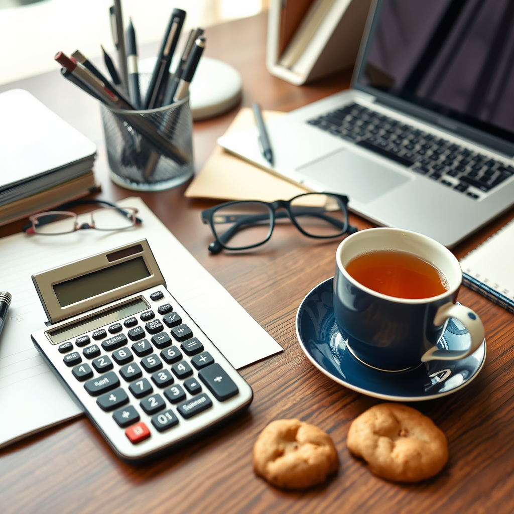 Office. There is an accountant's desk. On a desktop calculator, in folders, pens, glasses, a laptop. Next to it there is tea and cookies.