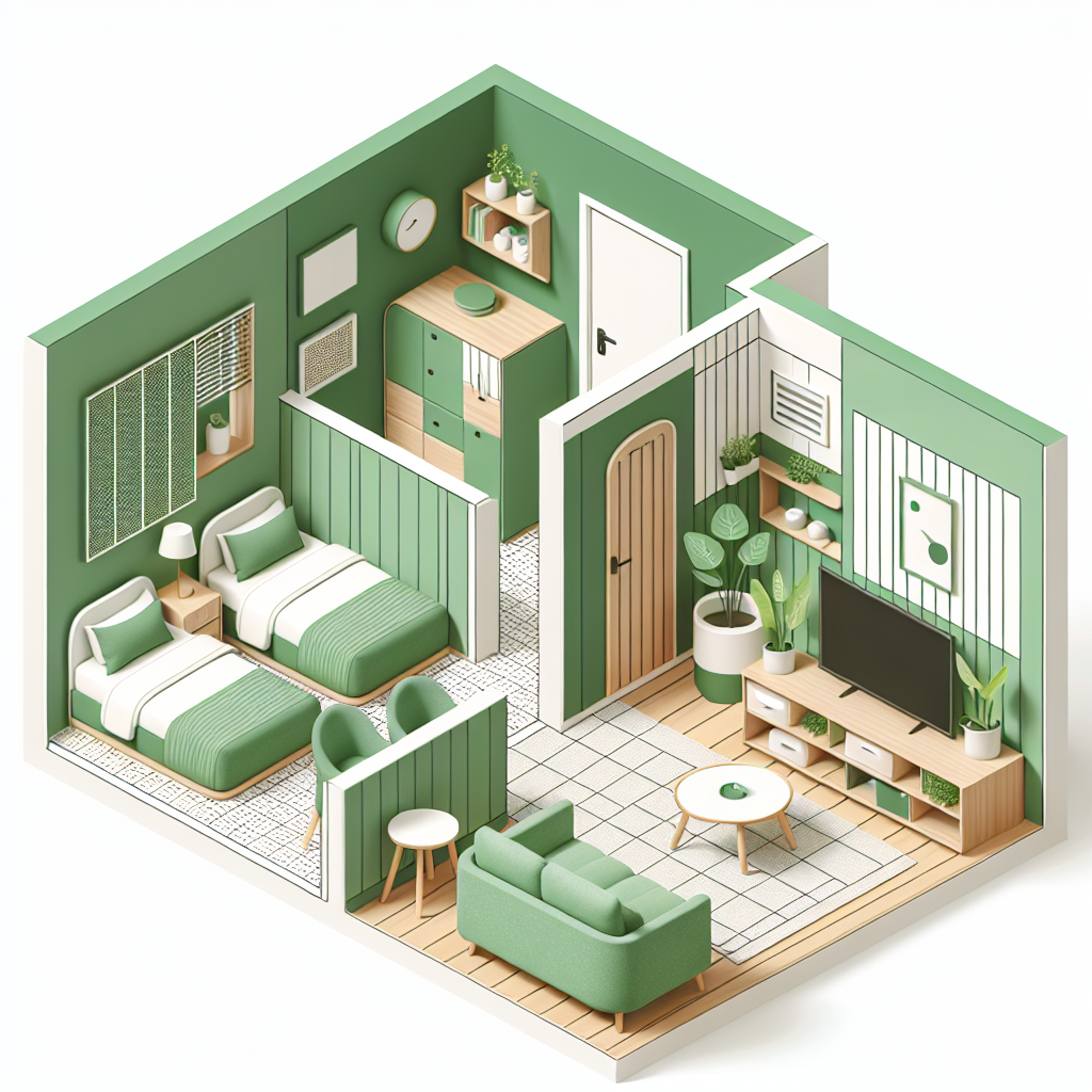 Создай дизайн комнаты в скандинавском стиле с зелеными элементами с перегородкой на зоны, где в первой зоне будет две кровати, одна для ребенка а вторая для мамы, а во второй зоне мини гостиная с диваном и телевизором