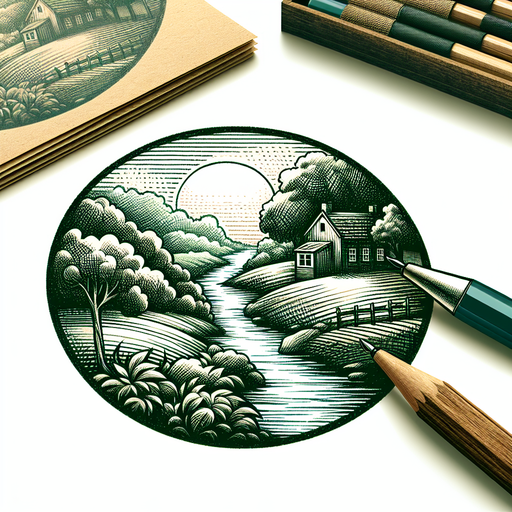 The logo, the background is round. The logo shows a river and a house. In shades of green.