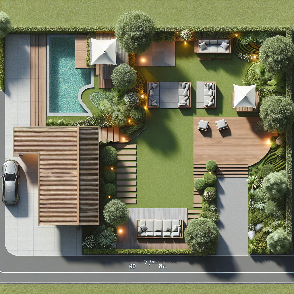 Создать ландшафтный дизайн участка размерами 80х30 прямоугольной формы. Слева расположить гараж размером 7х8 рядом до 15х9. Участок предназначен для отдыха