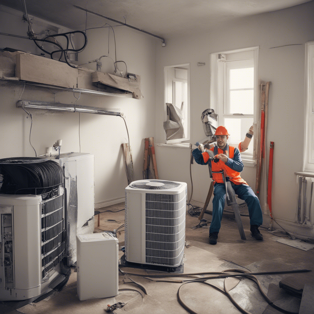 Please generate an image for my website depicting the installation of heating and air conditioning systems during renovation. The scene should showcase a professional team working in an apartment, emphasizing individualized solutions and quality. The setting should highlight a modern and well-organized workspace. Please include people in work attire to convey professionalism. Thank you!