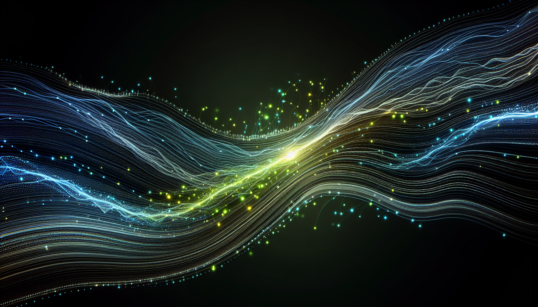 The label background is solid matte black. The main graphic design is a single, powerful,
smooth wave pulsating horizontally. This wave consists of a chain of connected luminous dots
and thin lines (like nerve pathways). It glows with an intense gradient: bright lime green in the upper part
of the peak, turning into blue and dark purple.
Style: Energetic, Digital, Elegant, photorealistic.