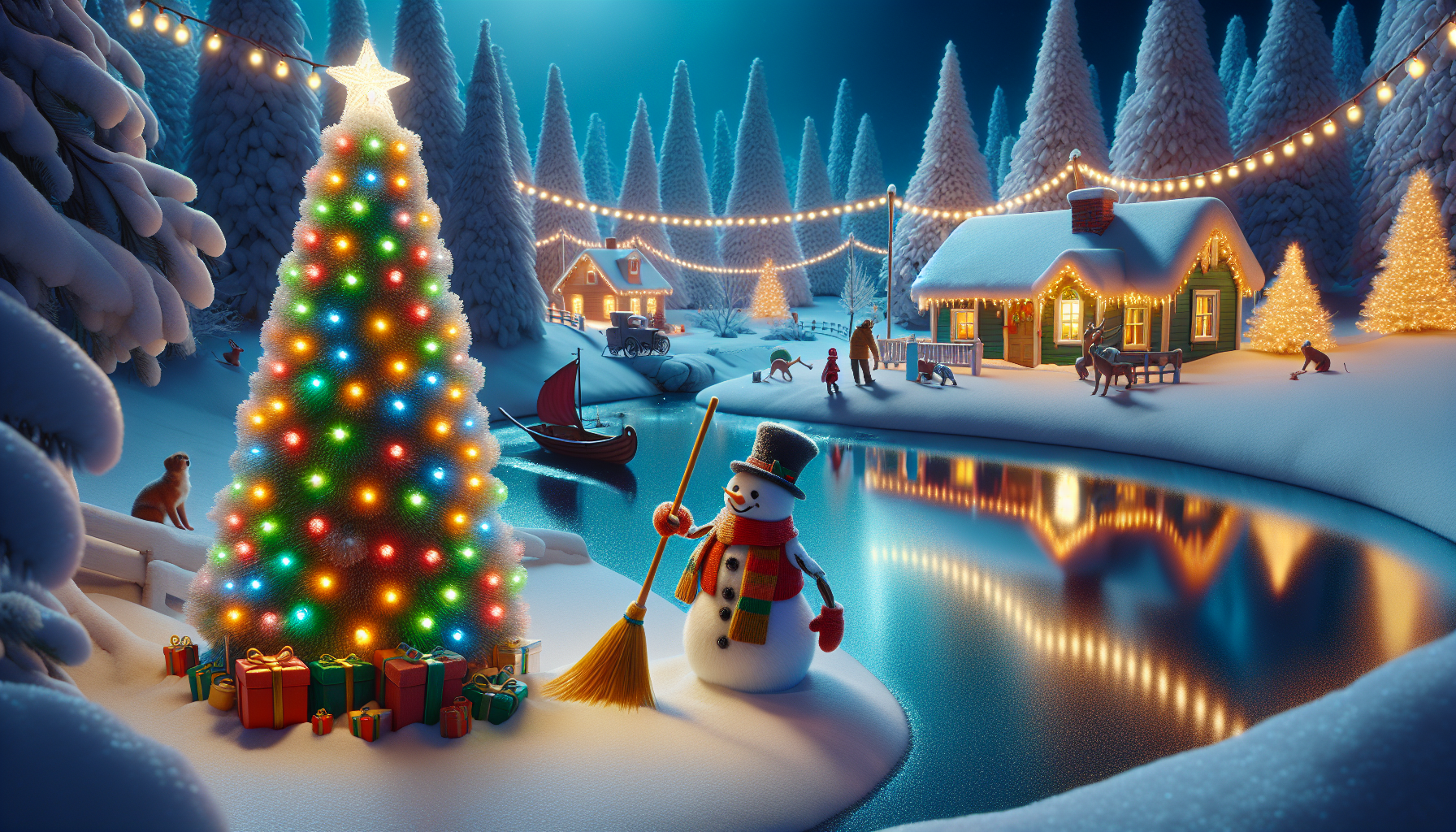 New Year's Day, the snowman cleans the snow, the Christmas tree is lit with lights. In the background is a frozen river and a house under the snow.