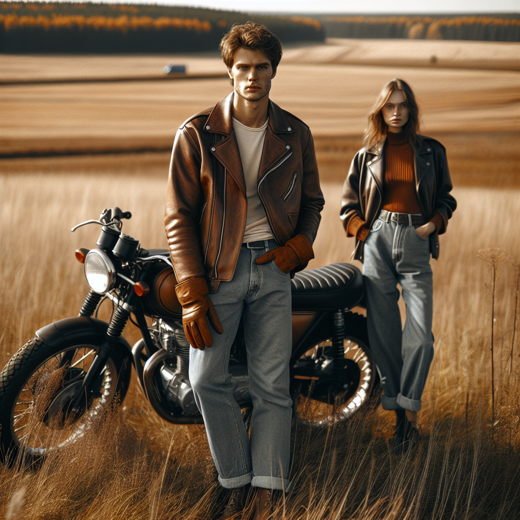 This prompt must be applied to the people in the photo. Important: Do not change or distort faces. Do not alter facial expressions. Faces must be preserved completely, as in the original photos. Use the facial features and likeness from the provided reference images. Generate the scene around them, but keep their faces identical. Prompt: Portrait of a man leaned against on the side of a motorcycle, medium shot, eye-level perspective, static composition, wearing an oversized brown leather jacket, white t-shirt, blue jeans, holding brown leather gloves. The woman is standing behind the man, a woman wearing a brown ribbed long-sleeve shirt and a black and gray distressed oversized leather jacket. in an open field with yellow autumn grass and trees in the distance, soft daylight with frontal lighting, soft shadows, warm and cozy atmosphere, shot with a 50mm portrait lens, shallow depth of field, cream background with bokeh effect, film photography style with fine grain, earthy color palette, high detail, photorealistic look.