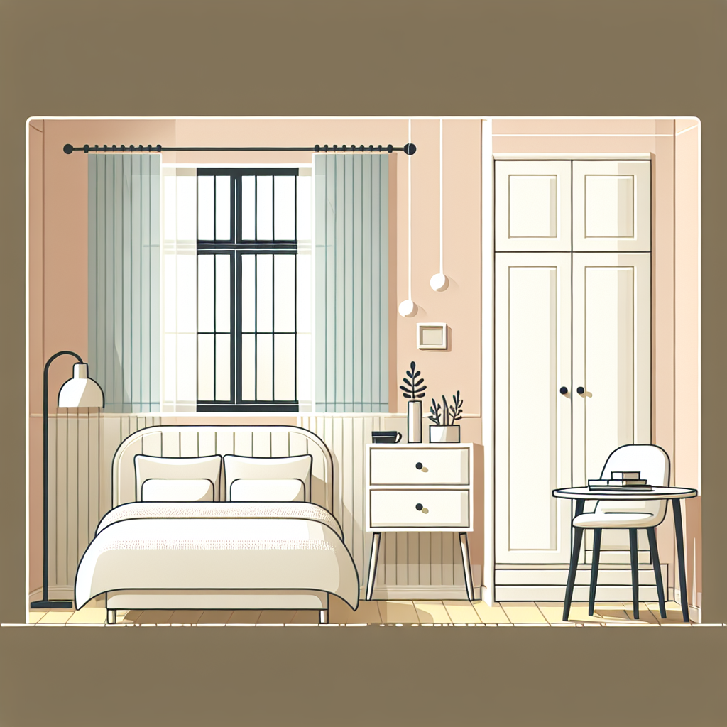 Есть небольшая спальня, одно окно напротив входа ,сторон окно справа от входа. Можешь создать современный дизайн интерьера спальни, должна быть кровать, стол, шкаф, возможно кресло