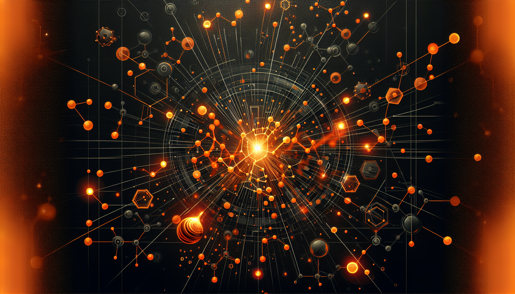 The image is displayed on a black background with orange accents. The background features a pattern of orange glowing molecular structures, giving the visual element a scientific and dynamic feel. The overall design is sleek and modern, emphasizing the clarity of the color scheme.