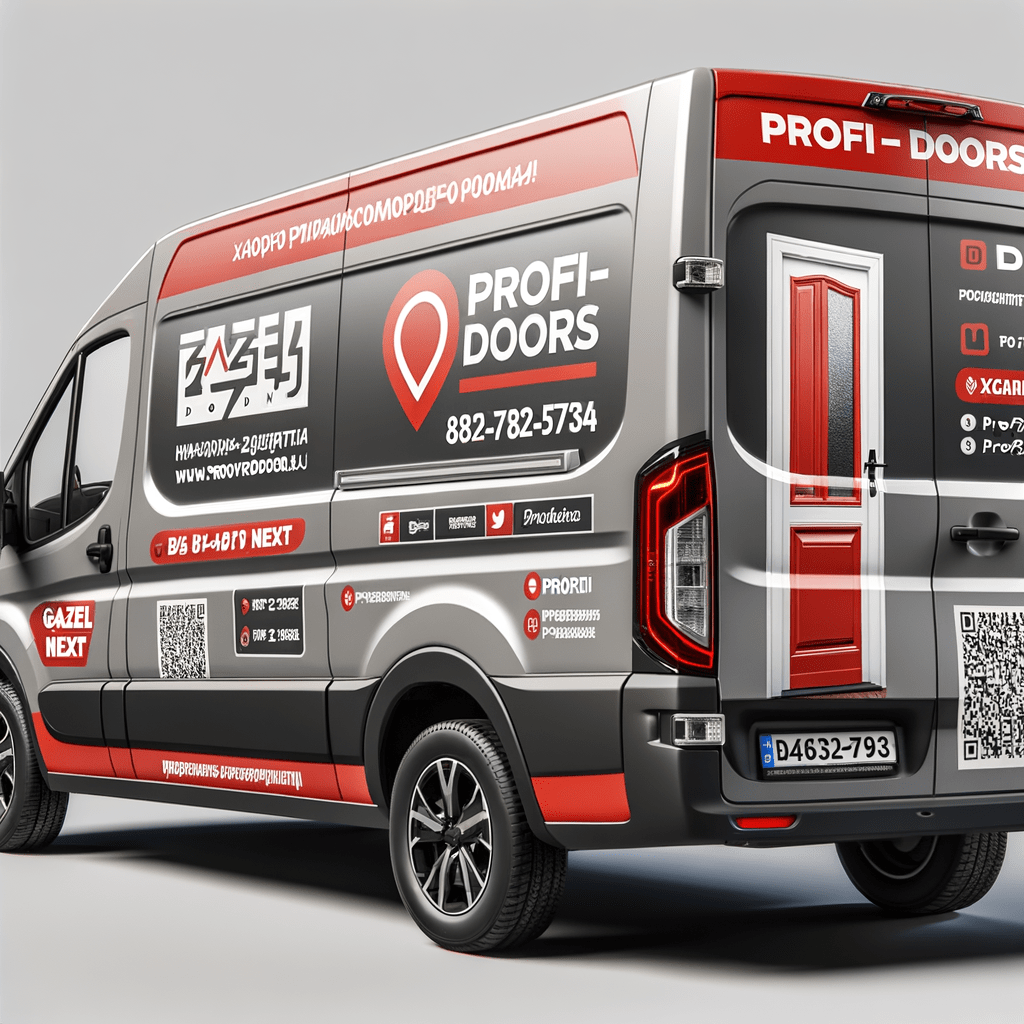брендирование фургона серого цвета Газель Next для фирмы "Профи-Doors" в красно-белых тонах, Основные элементы дизайна: Основной фон — серый. Акценты — красные детали и логотип. Разместить крупный логотип "Профи-Doors" на задней двери. Логотип выполнен в красных и белых цветах, с четким шрифтом, легко читаемым на расстоянии. На боковых панелях разместить изображение двери или монтажных работ на задней двери разместить номер телефона, сайт и социальные сети. "Профи-Doors" — Продажа и монтаж дверей Сайт: http://www.profi-doors.ru Дополнительные элементы: добавить QR-код, ведущий на сайт или каталог продукции. брендирование фургона серого цвета Газель Next для фирмы "Профи-Doors" в красно-белых тонах, Основные элементы дизайна: Основной фон — серый. Акценты — красные детали и логотип. Разместить крупный логотип "Профи-Doors" на задней двери. Логотип выполнен в красных и белых цветах, с четким шрифтом, легко читаемым на расстоянии. На боковых панелях разместить изображение двери или монтажных работ на задней двери разместить номер телефона, сайт и социальные сети. "Профи-Doors" — Продажа и монтаж дверей Сайт: http://www.profi-doors.ru Дополнительные элементы: добавить QR-код, ведущий на сайт или каталог продукции.
